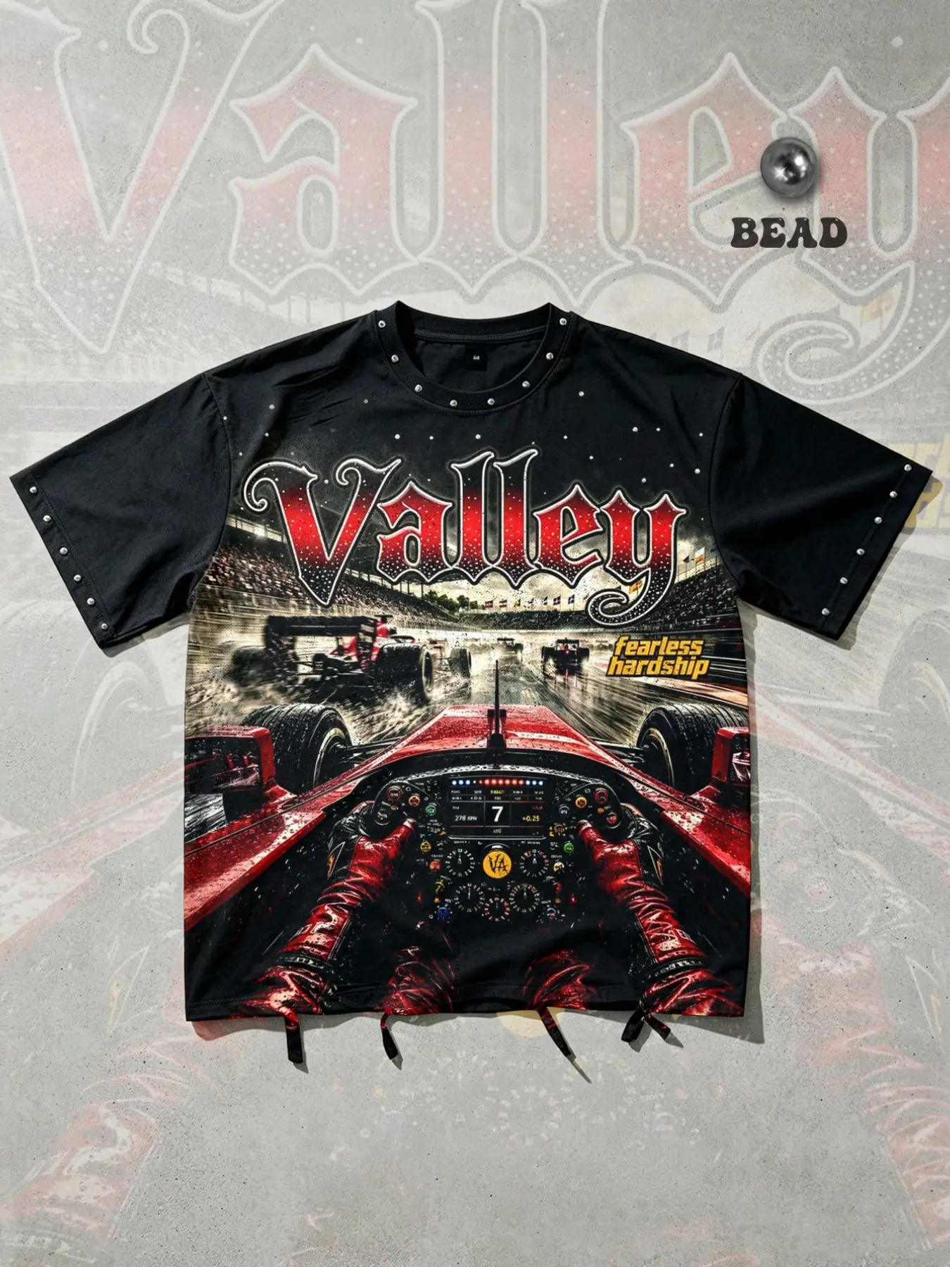 Red racing car cockpit pattern studded hem short cotton T-shirt, men's short sleeves with red Valley retro calligraphy English metal stud trim, loose fit, crew neck, casual street style, hip-hop trendy, versatile, unisex Y2K style.