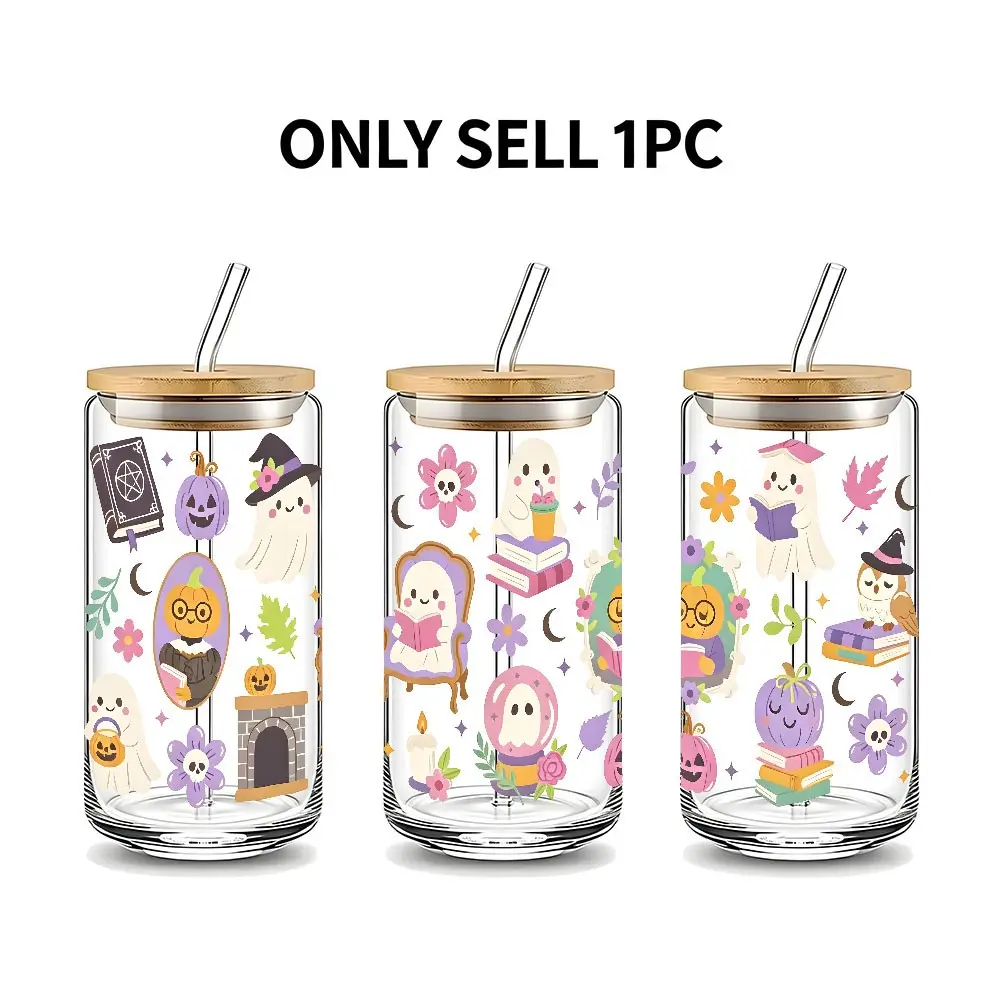Pastel Reading Ghost Pumpkin 16oz Glass Can Cup with Lid and Straw, Reusable Glass Drinking Cup, High-Quality Glass Jar for Iced Coffee, Tea, Smoothie, Cold Drinks, Cute Whimsical Autumn Halloween Glassware, Perfect Holiday Gift for Women, Friend, Family