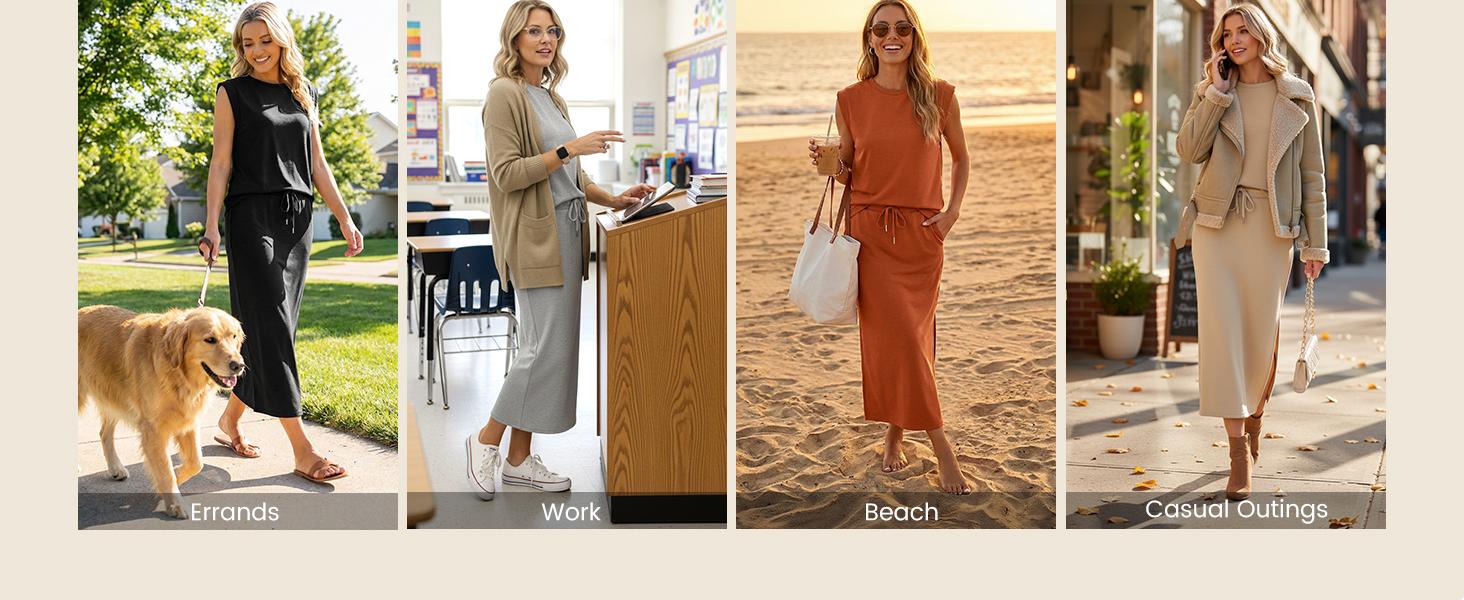 Casly Lamiit Women's Two Piece Sets Summer Outfits Cap Sleeve Top Drawstring Midi Skirts with Pockets Soft Light Fabric Crew Neck Casual Design Available in Multiple Colors 2 piece sets #Springfresh