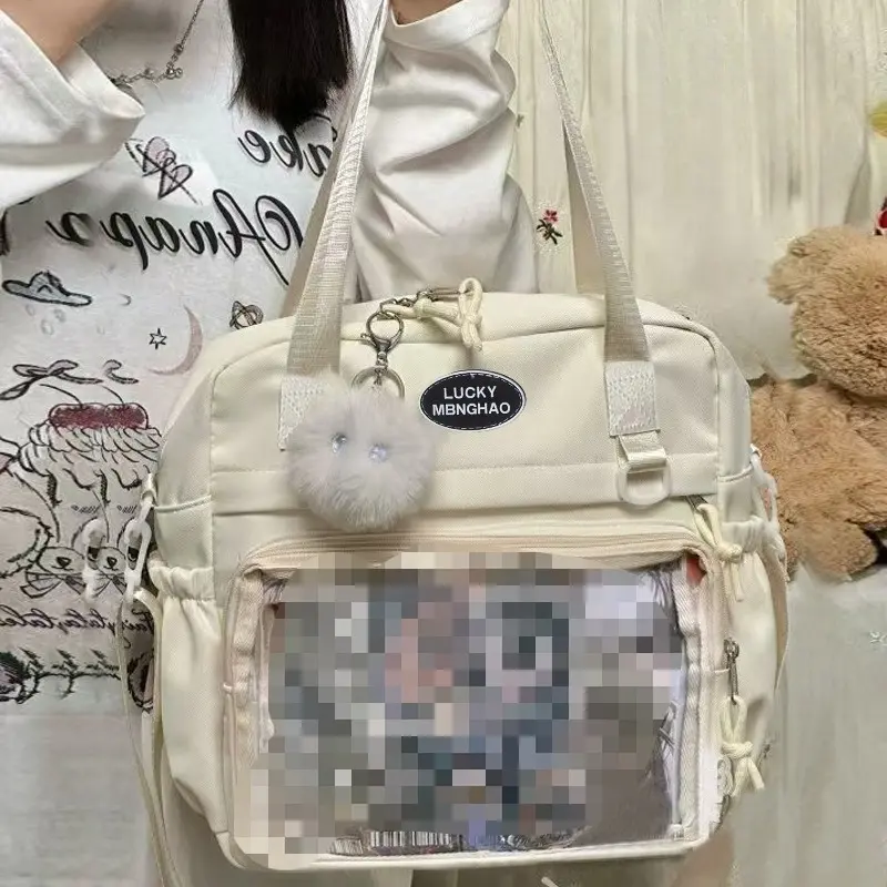 Casual School Style Large Capacity Messenger Bag, Transparent Pin Display Crossbody Bag, Versatile Shoulder Ita Bag for Collectibles Women's Bat Pattern Fashionable Plaid solid color nylon fanny pack cn6030 anime high-quality commuter chain chic