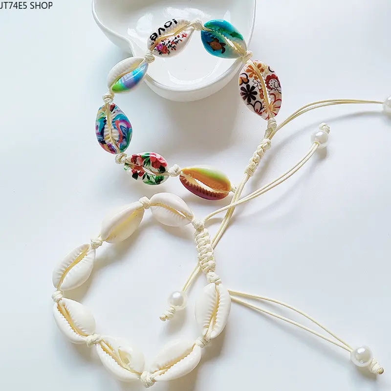 Bohemian Natural Shell Bead Woven Bracelet, Hand Painted DIY Pearl Wristband, Seaside Boho Style Bracelet for Women
