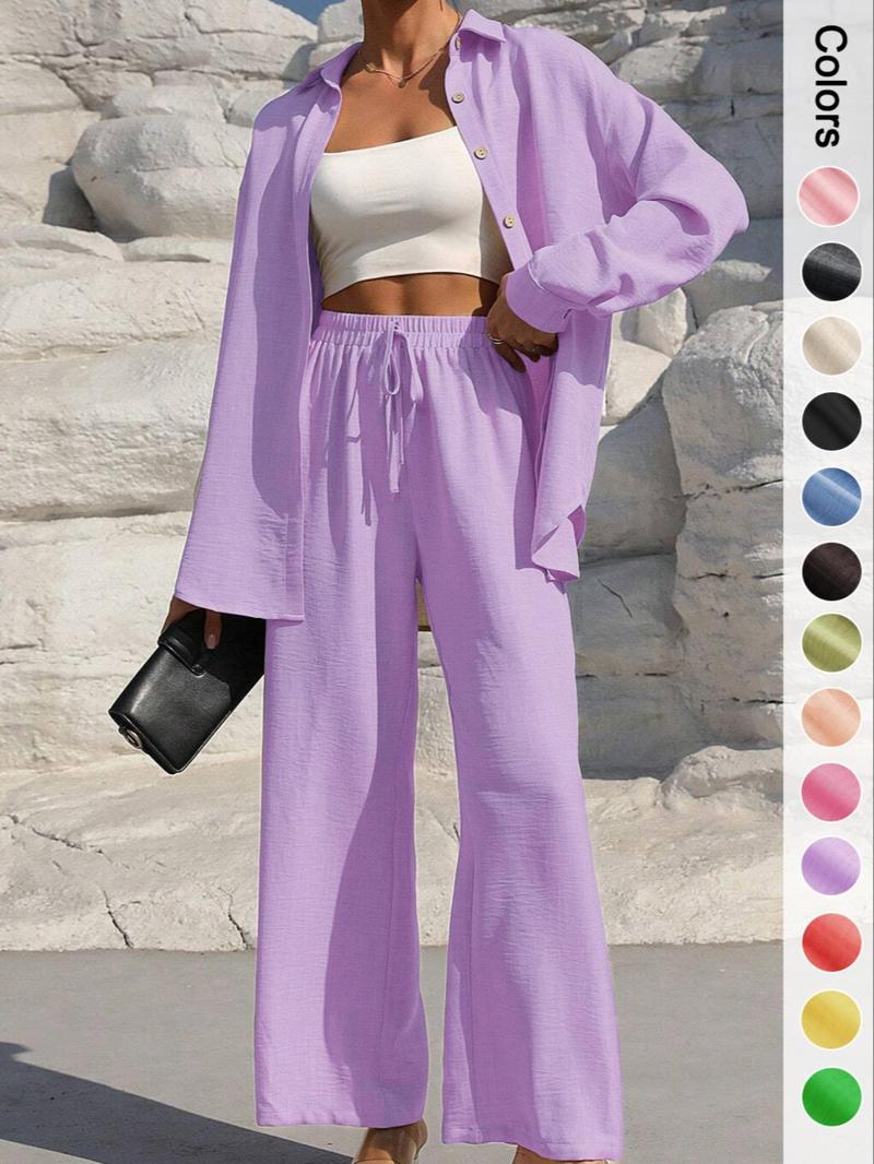 Women's Solid Button Front Shirt & Tie Front Wide Leg Pants Two-piece Set, Casual Drop Shoulder Long Sleeve Top & Trousers 2 Piece Set for Spring & Fall, Women's Clothes for Daily Wear, Casual Outfits Women