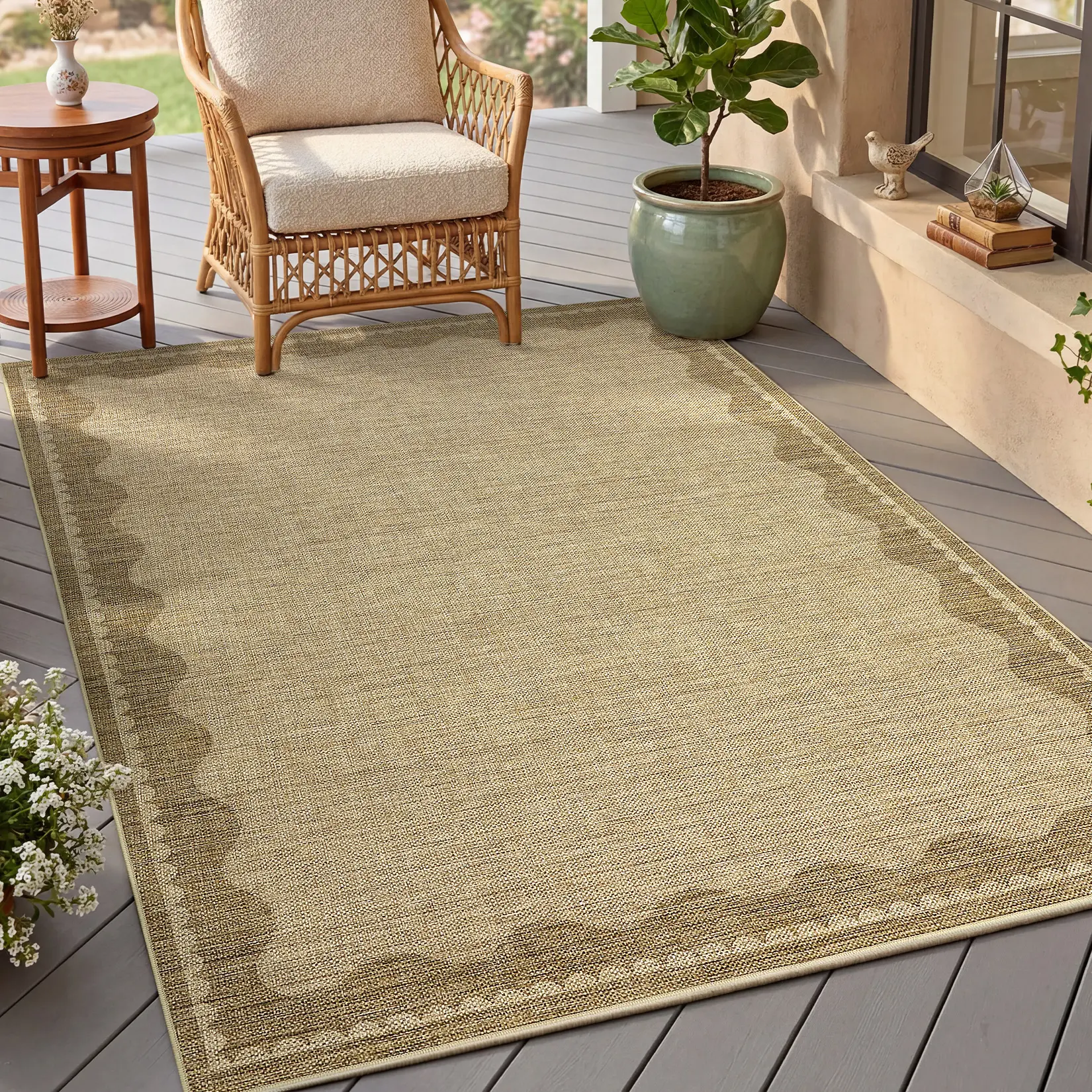 Washable Non-Slip Jute Area Rug – Scalloped Edge, Mark Resistant, Modern Neutral Carpet for Living Room, Bedroom, Dining Room, Patio, Porch