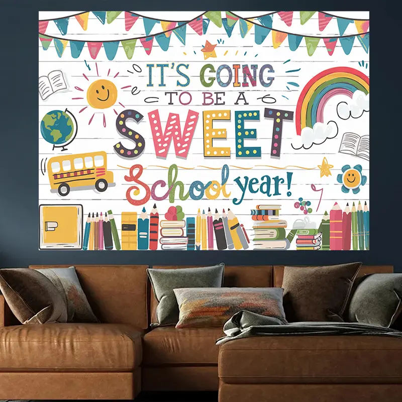 "It's Going to Be A Sweet School Year" Wall Hanging Tapestry - Kindergarten Decoration, Indoor Gift for Party Photography, Classroom Picture Backdrop