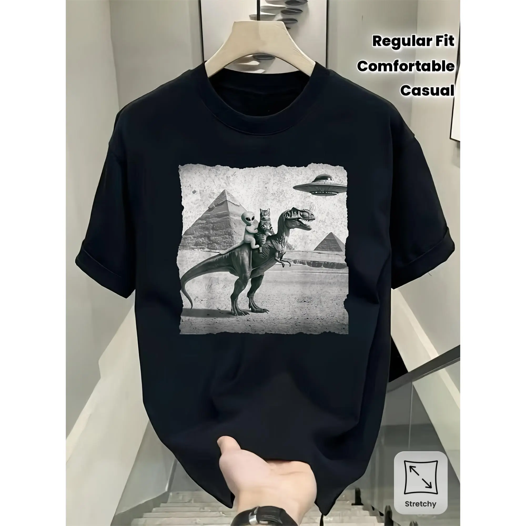 Men's Cotton Short Sleeve Round Neck T-Shirt - Funny Sci-Fi Cat & Alien Riding Dinosaur UFO Graphic Top, Comfortable Slight-Stretch Regular Fit for Casual Attire, Shortsleeve, Tshirt, Knit, Menswear, Stretchy Fabric