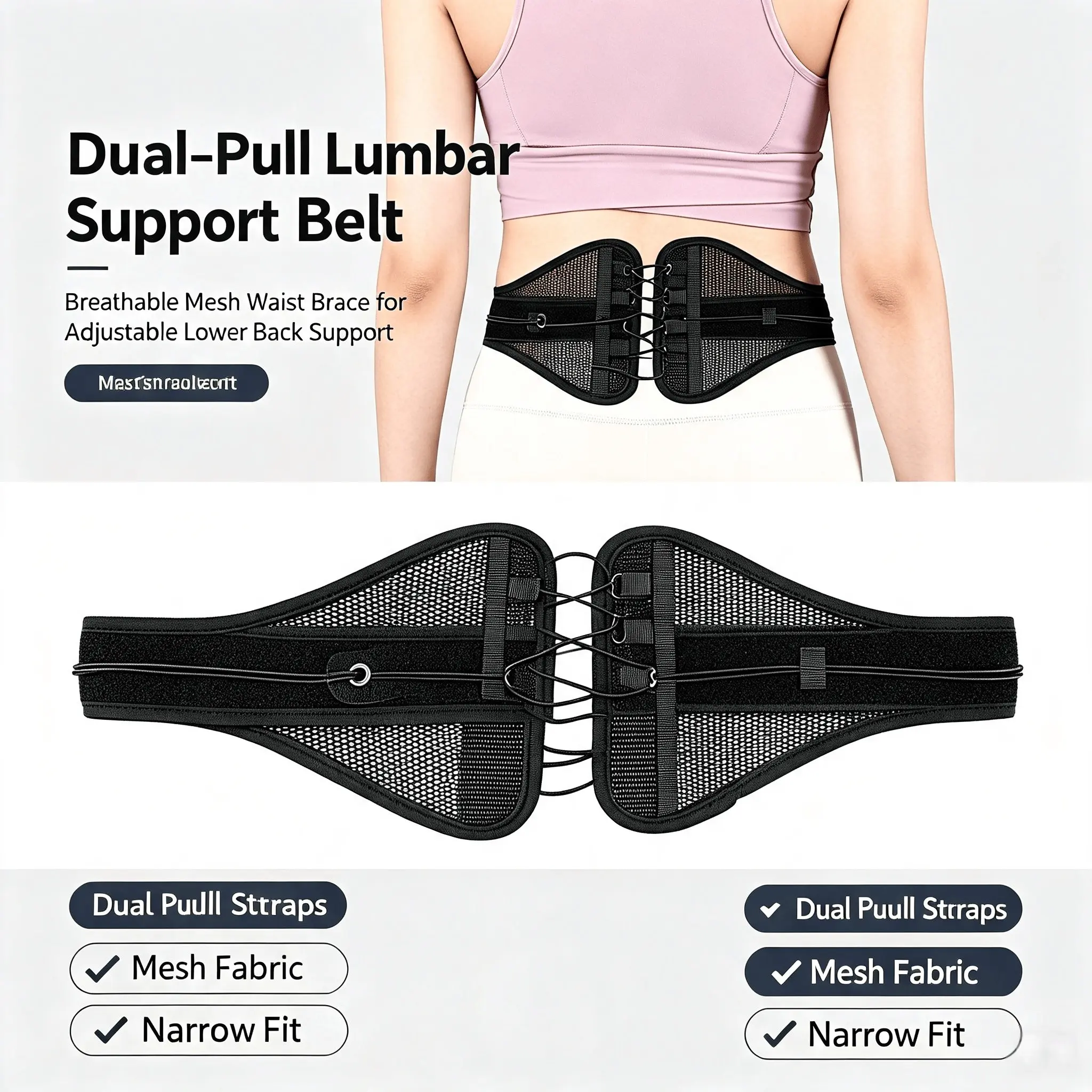 Dual Rope Narrow Waist Belt, Mesh Breathable Lumbar Support Band, Compression Back Brace for Office Workers, Long Sitting Comfort, Breathable Back Straightener