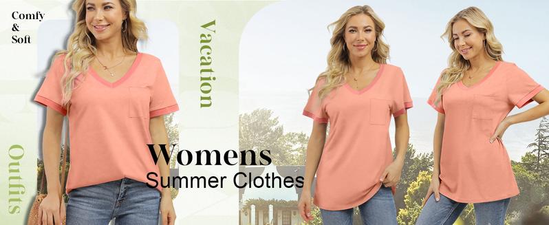 OFEEFAN Womens T Shirts Short Sleeve V Neck Loose Casual Summer Tops with Pocket Womenswear Vneck