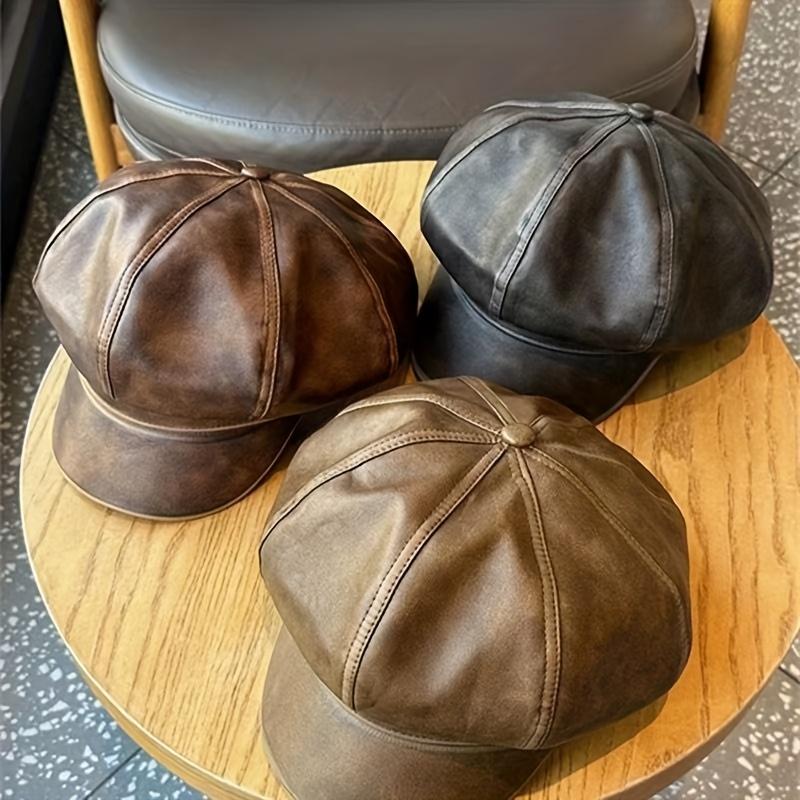 Customizable Vintage British Style Faux Leather Newsboy Cap - Lightweight, Washed Finish, Versatile Octagonal Hat for Men & Women, Perfect for Casual or Formal Occasions, Casual Headwear |       Vintage Style Cap |       Durable Headgear