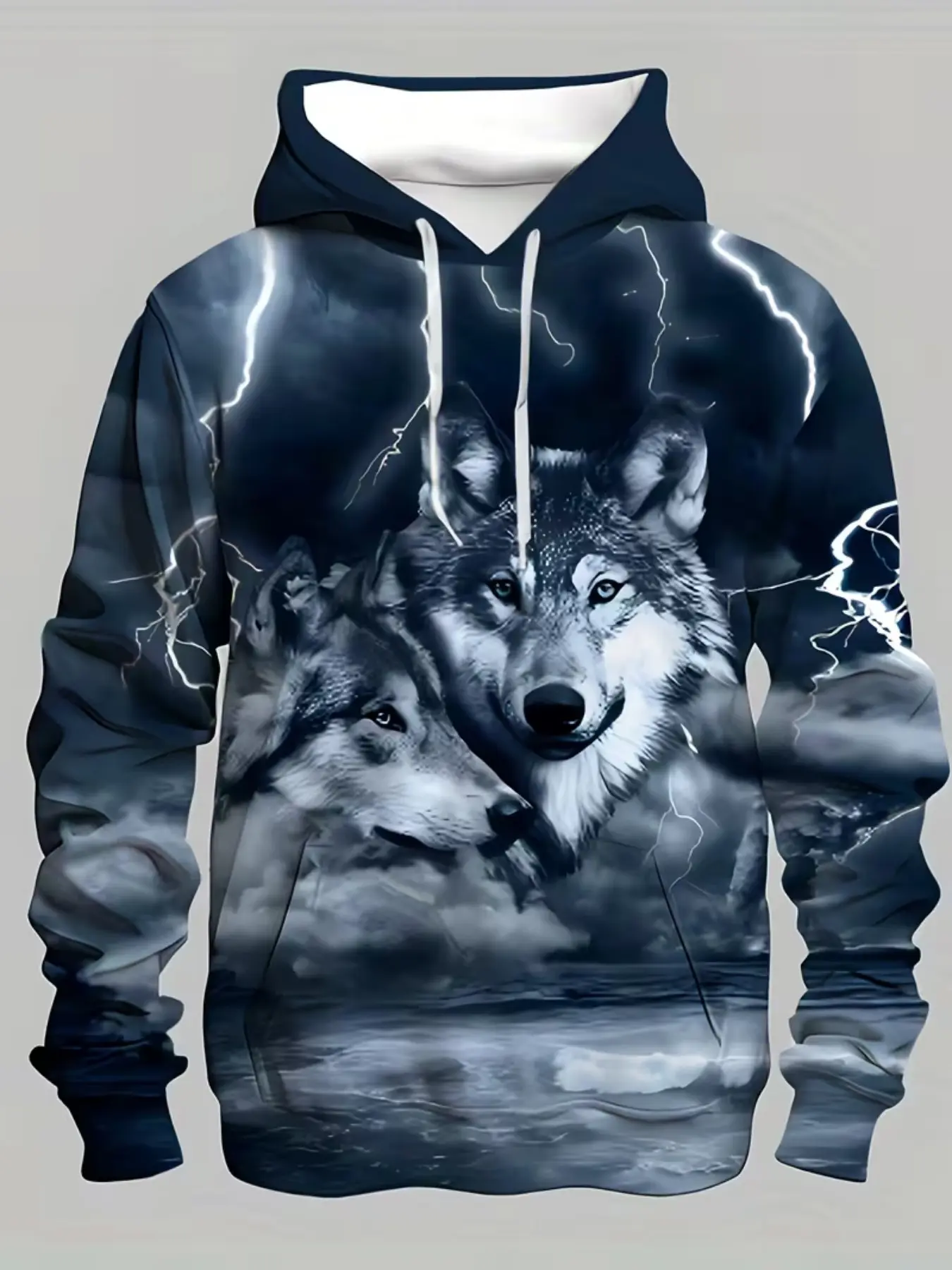 Men's Wild Wolf Head 3D Digital Print Sweatshirt, Casual Loose-Fit Long Sleeve Hooded Jacket, All over Print Street Style Outerwear, Graphic Hoodie