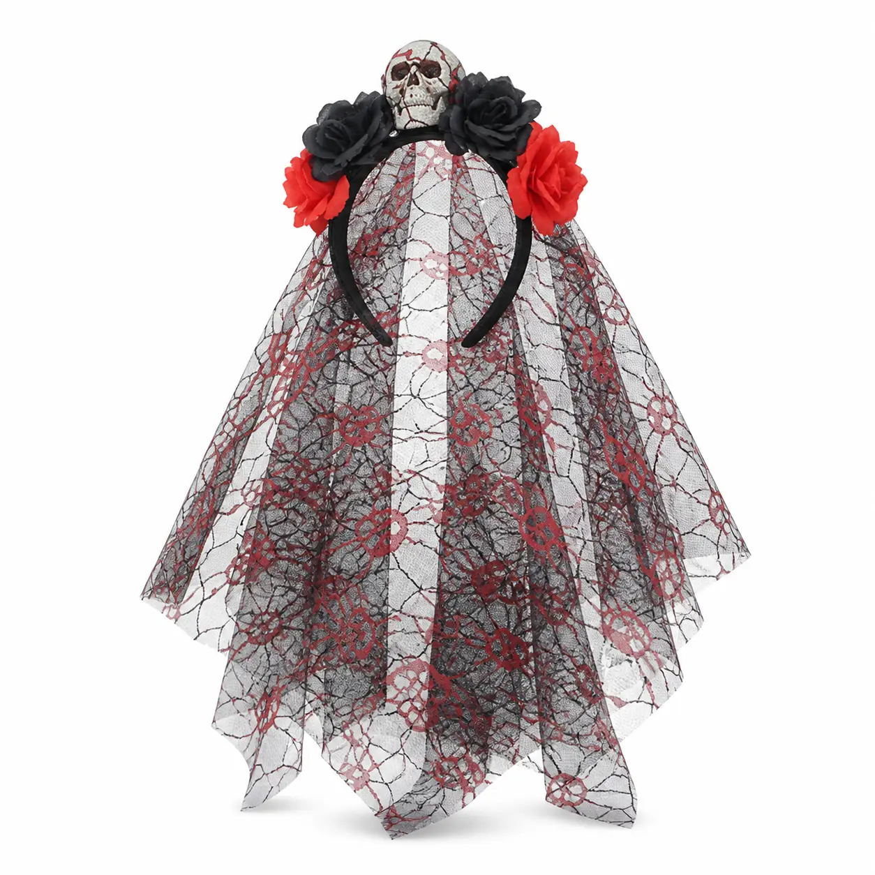 Halloween Ghost Bride Veil Headband With Flowers Spooky Cute Party Hair Accessory For Women Day Of The Dead Cosplay Fancy Dress Gothic Lace Skull Fabric Sewn One Size