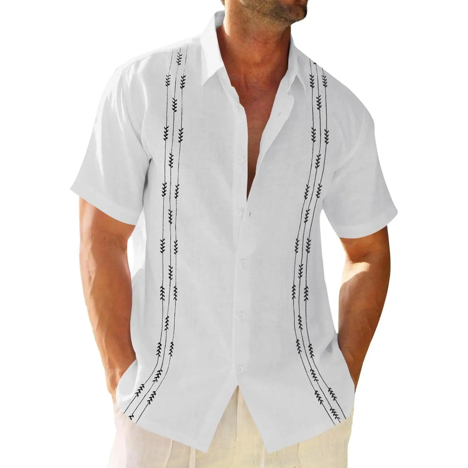 Mens Linen Shirt Guayabera Cuban Short Sleeve Button Down Cotton Summer Beach Hippie Shirts