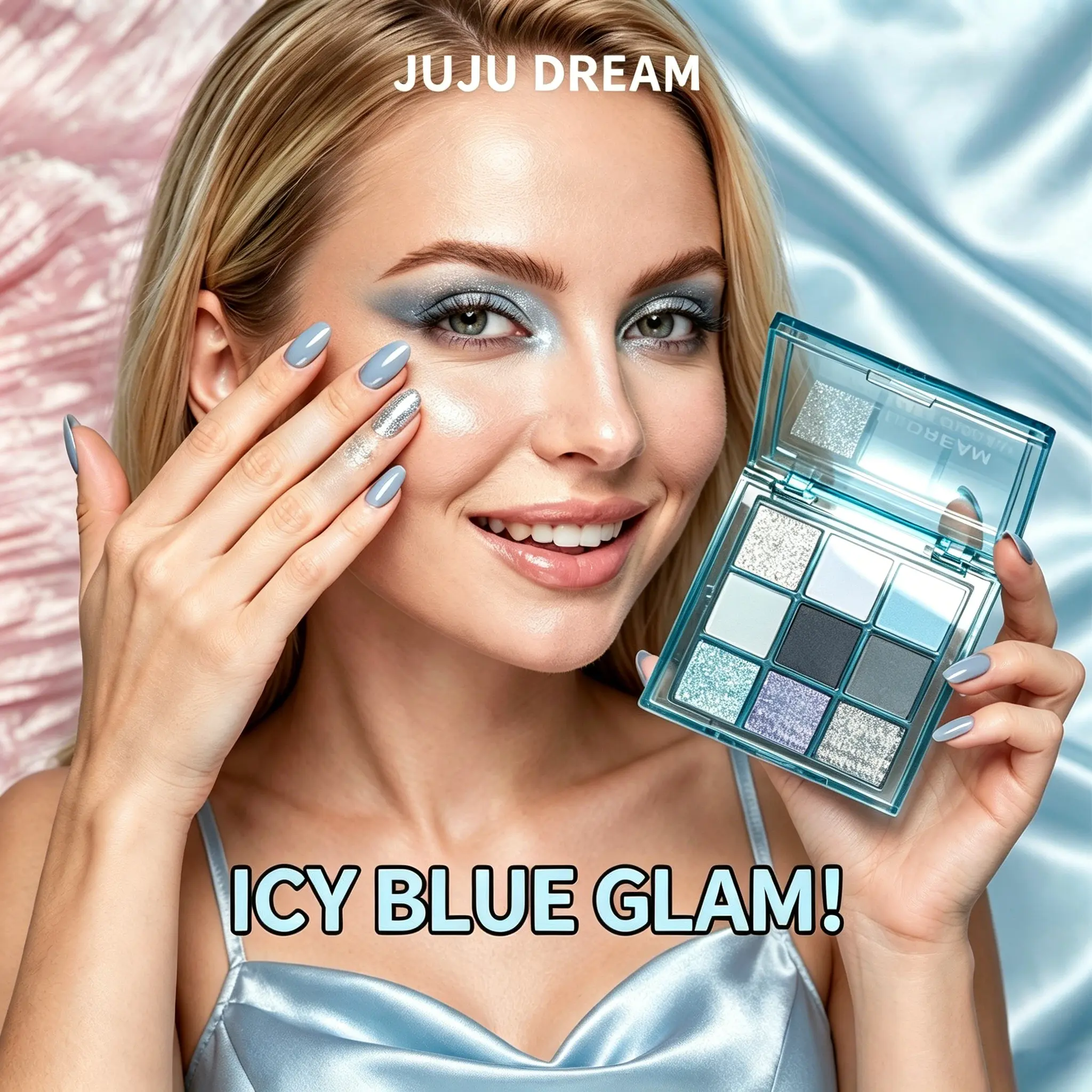 JUJU DREAM Icy Cool Blue Grey Cosmetic Eyeshadow Palette, Ultra-fine smooth blendable pigment with minimal flyaway, build edgy Y2K grunge smoky eyes, icy cold spring creative makeup & dazzling silver glitter party eye looks, portable cool-toned eye tray