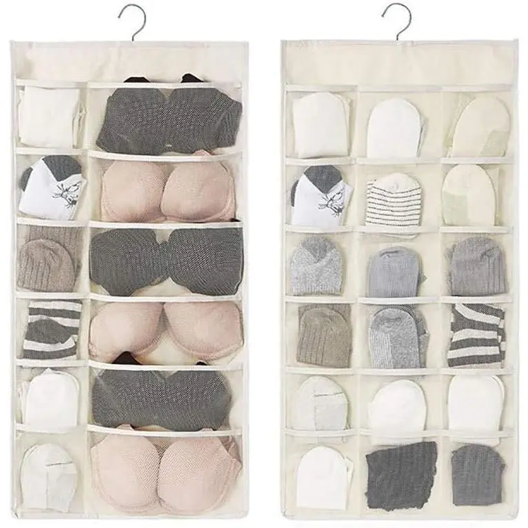 Closet  Organizer with Mesh Pockets & Rotating Metal Hanger, Sided Wall Shelf Wardrobe Storage Bags,Oxford Cloth Space Saver Bag for Bra Underwear Underpants Socks (white)