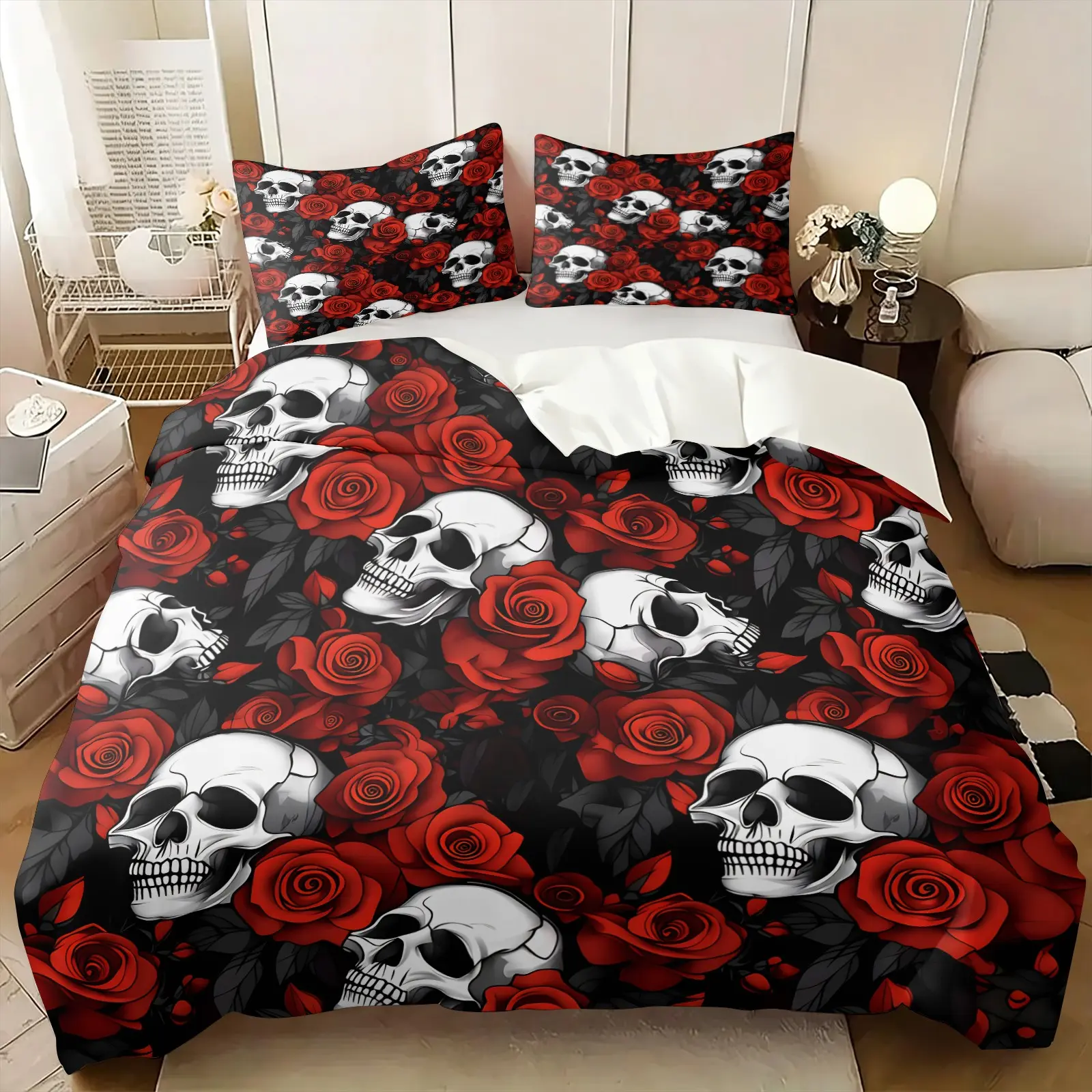 3PCS Black Base Red Floral Skull Duvet Cover Set (1 Duvet Cover + 1-2 Coreless Pillowcases), Dark Gothic Rose Skeleton Full Print Pattern, Ultra-Fine Fiber Comfy All Seasons Bed Linens, Ideal for Gothic Rock Style Bedroom Dorm Decor