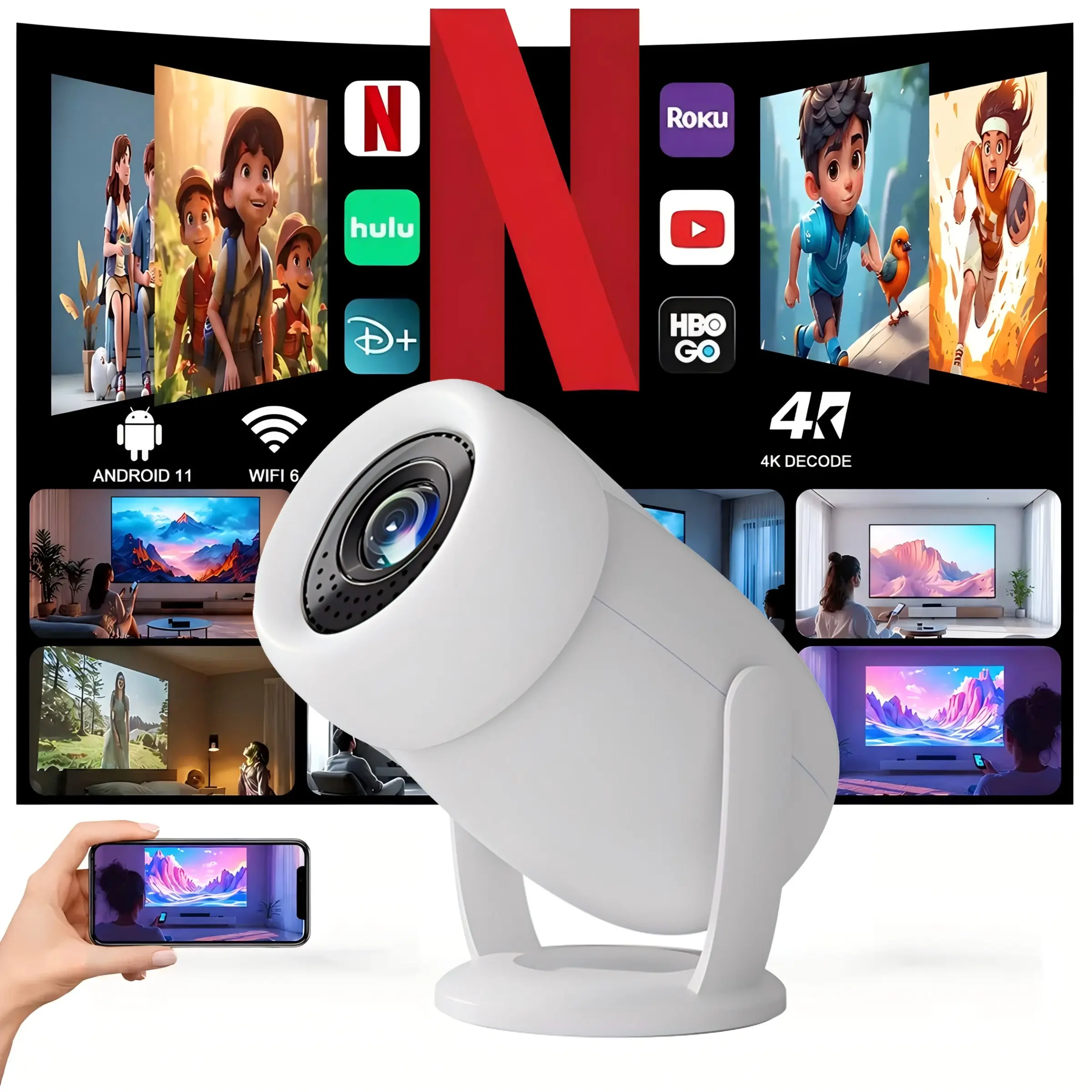 Smart mini portable projector featuring 1080P resolution and 4K source support, automatic keystone correction, Wi-Fi 6 & BT5.0, built in Android 13, 290 ANSI lumens, and a built in speaker; ideal for bedroom or party use; supports multiple languag