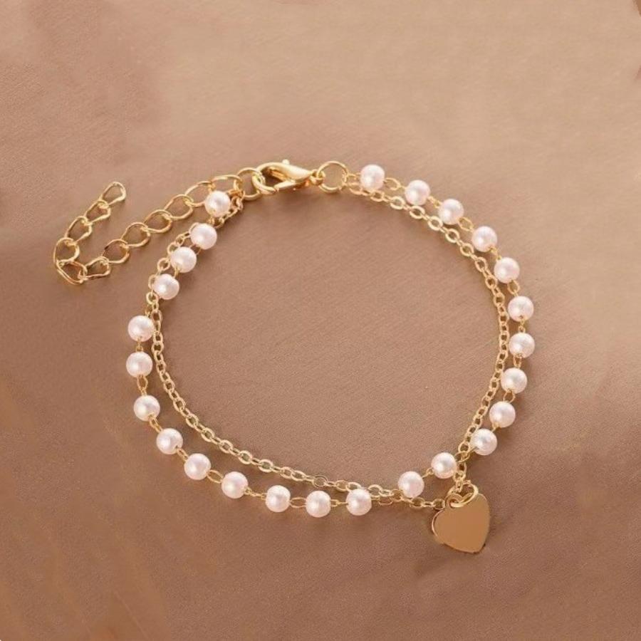Double-layer peach heart pearl bracelet fashionable retro ins style personality design cold wind pearl jewelry