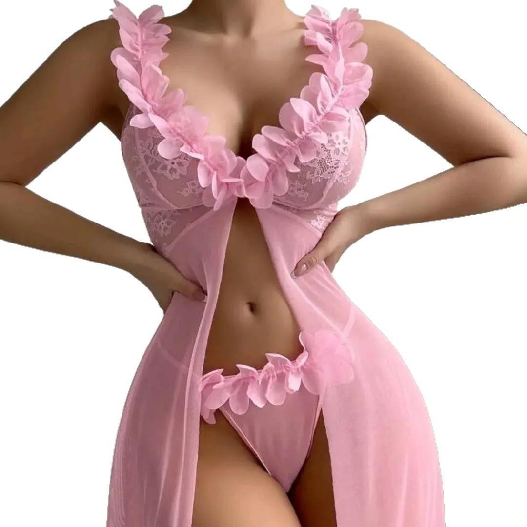 Elegant Petal Mesh Bodysuit with Suspender Skirt, Lingerie Dress Set for Women, Sexy Pajama Style