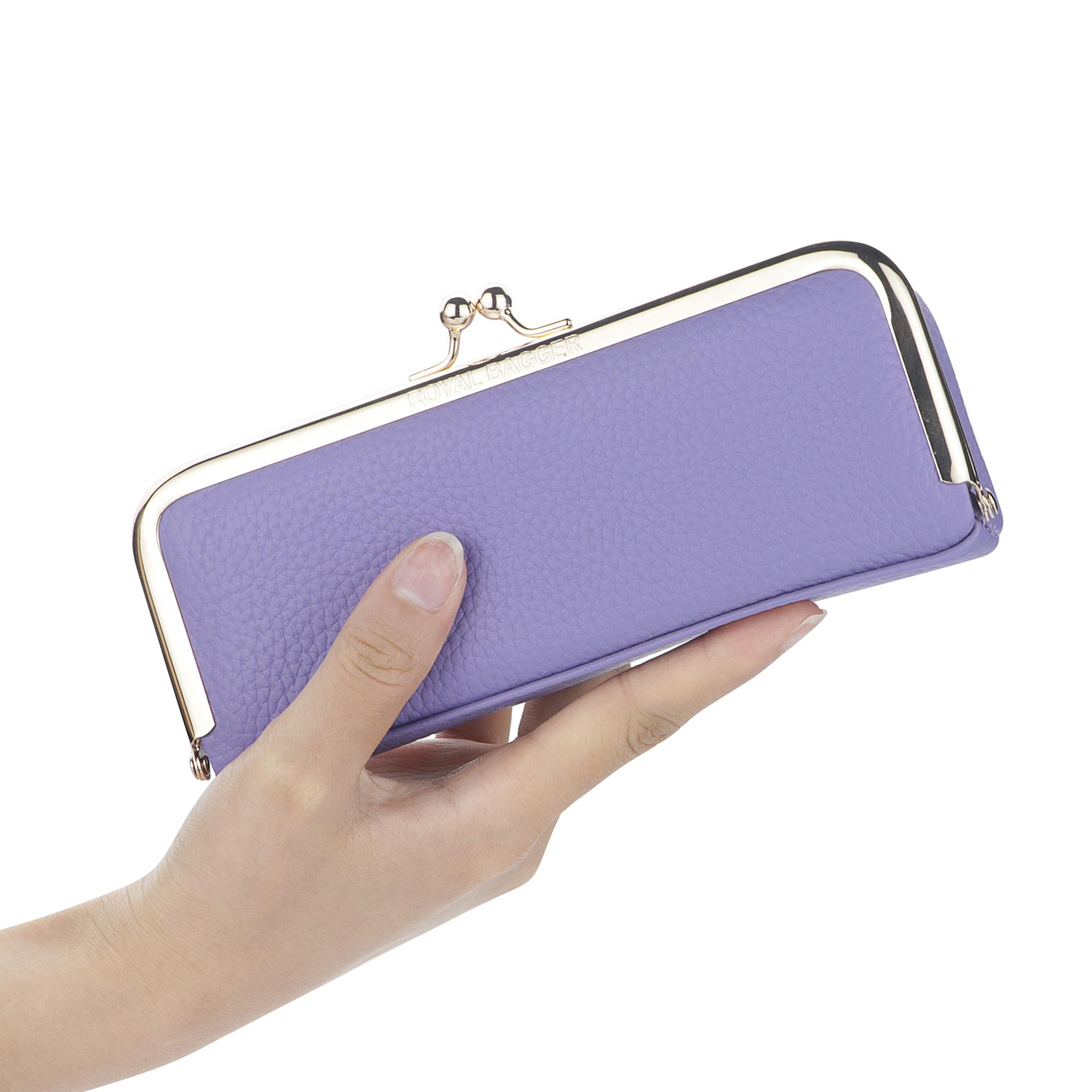 Royal Bagger Genuine Leather RFID Blocking Fashion Glasses Case, Pencil Bag with Kiss Lock, Organizer for Rings, Necklaces & Earrings for Women 4135 Lens Protective Mirrored Lens