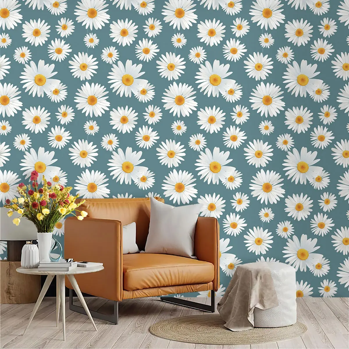 Oil Painting Hand-Drawn Texture Daisy Wallpaper, PVC Material, Peel-And-Stick, Suitable for Kitchen/living Room/bedroom Wall Decor