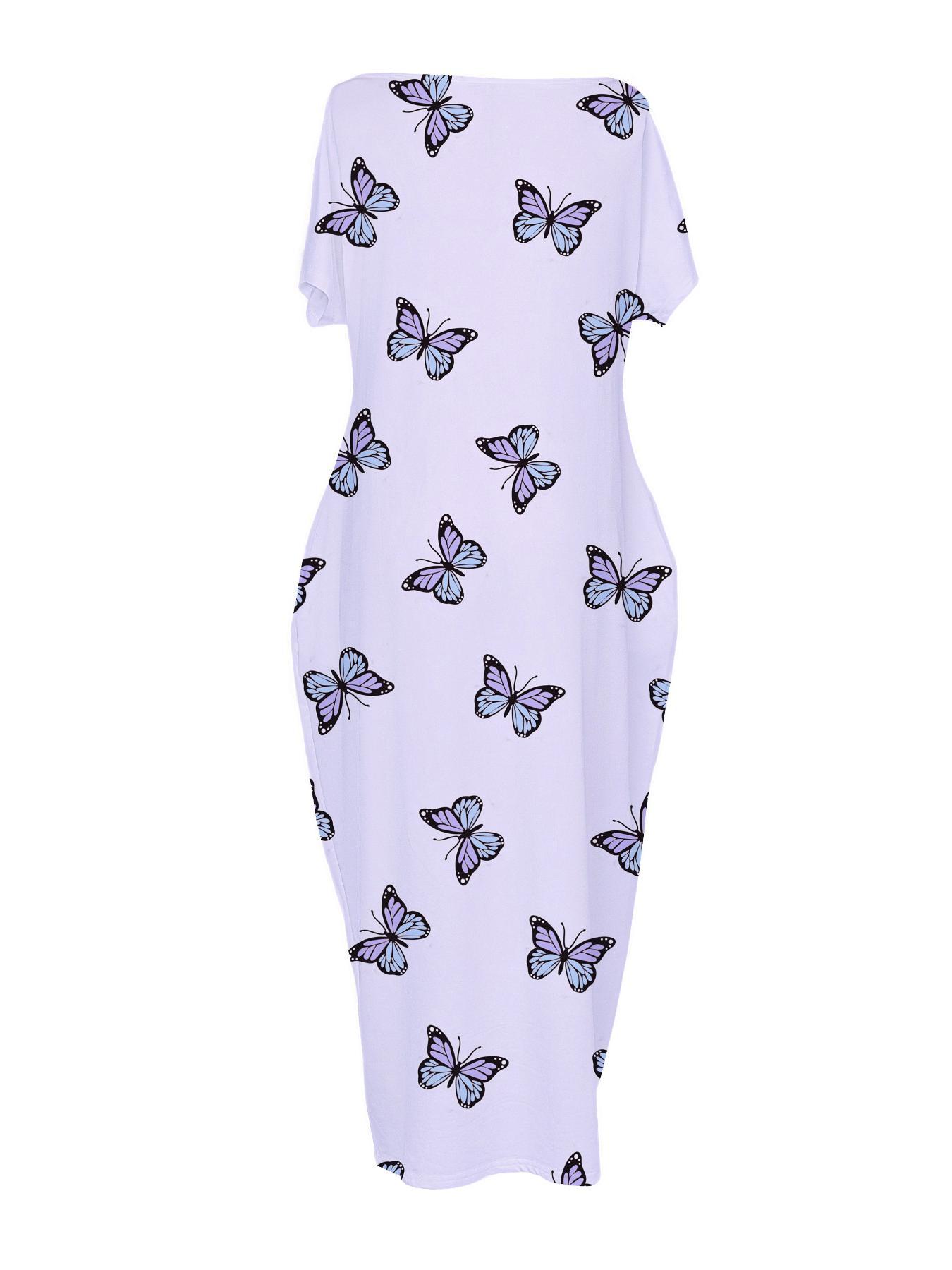 Women's Butterfly/Star Print Pocket Round Neck Nightdress, Casual Soft Comfortable Short Sleeve Nightgown for All Seasons, Lady's Sleepwear for Indoor Wear, Sleepwear Dresses