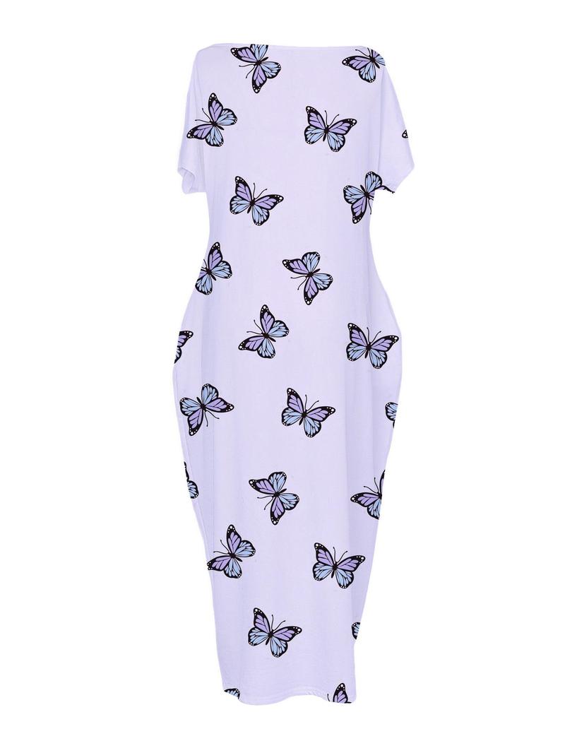 Women's Butterfly/Star Print Pocket Round Neck Nightdress, Casual Soft Comfortable Short Sleeve Nightgown for All Seasons, Lady's Sleepwear for Indoor Wear, Sleepwear Dresses