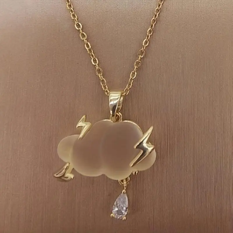 Women’s Lightning Cloud Pendant Necklace, Copper‑Alloy Electroplated Shiny Jewelry, Elegant Casual Daily‑Wear Accessory, Nice Birthday Gift