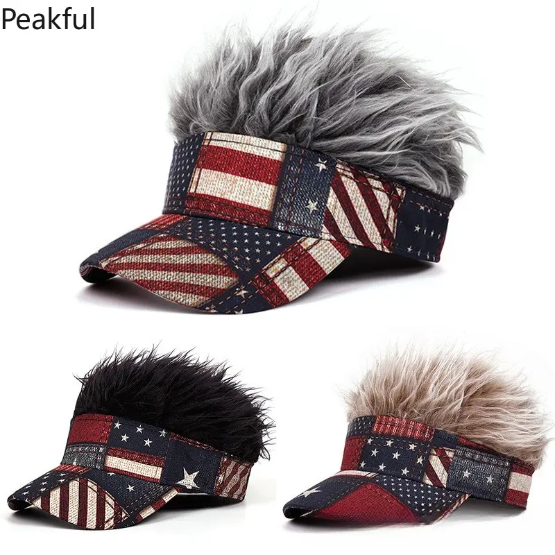 Novelty hats | Hot selling star stripe flag peaked cap with retro wig decor | Exquisite retro styling and durable construction, easy to wear and match, great for holiday gifts, family gatherings and seasonal themed outfits