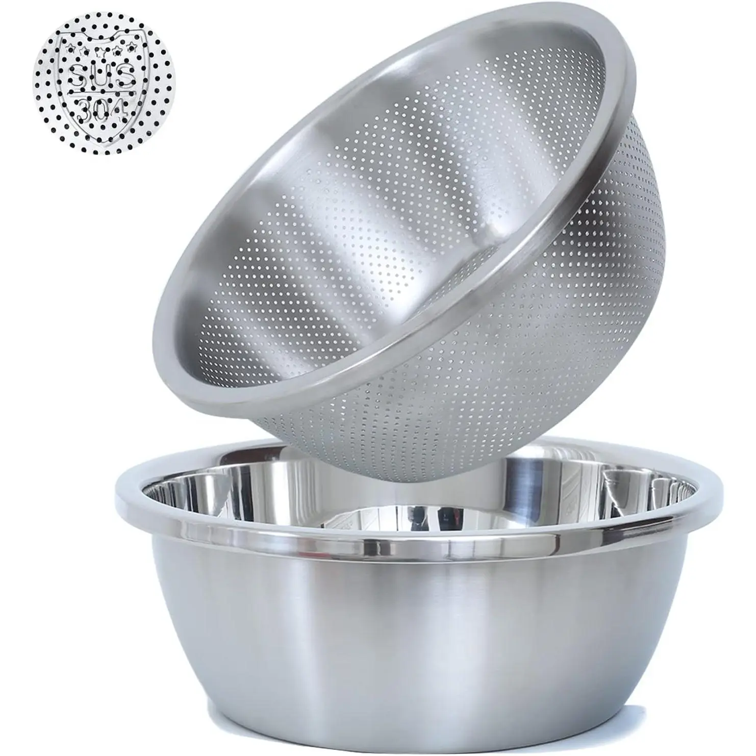 304 Stainless Steel Fine Mesh Colander Set, 1.5QT Large Capacity Strainer with Mixing Bowl — Rinse Fruits, Veggies, Rice & Drain Pasta, Dishwasher Safe (2-)
