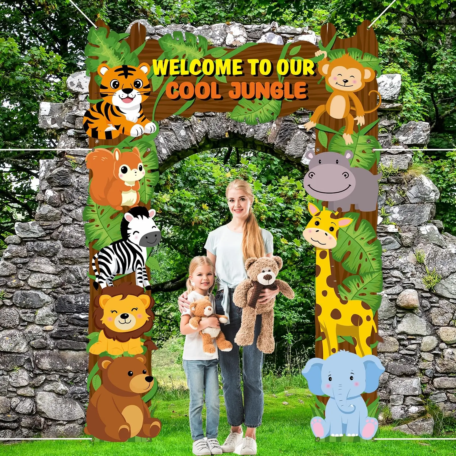 3pc Jungle Animal Porch Banner, Wildlife Door Banner, Tropical Forest Zoo Background, Birthday Party Decor, Photo Props