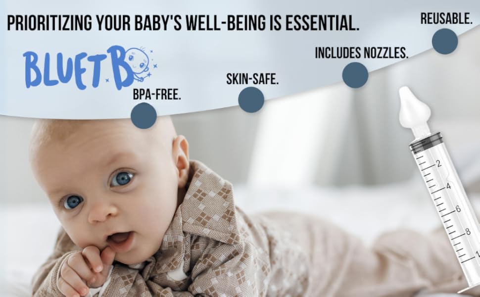 Baby Nasal Syringe (2-Pack) - Safe Silicone Nasal Aspirator for Newborn - Infant Mucus Removal - 10ml Nose Cleaner Syringe for Baby - Toddler Congestion Relief - Reusable Tips - White