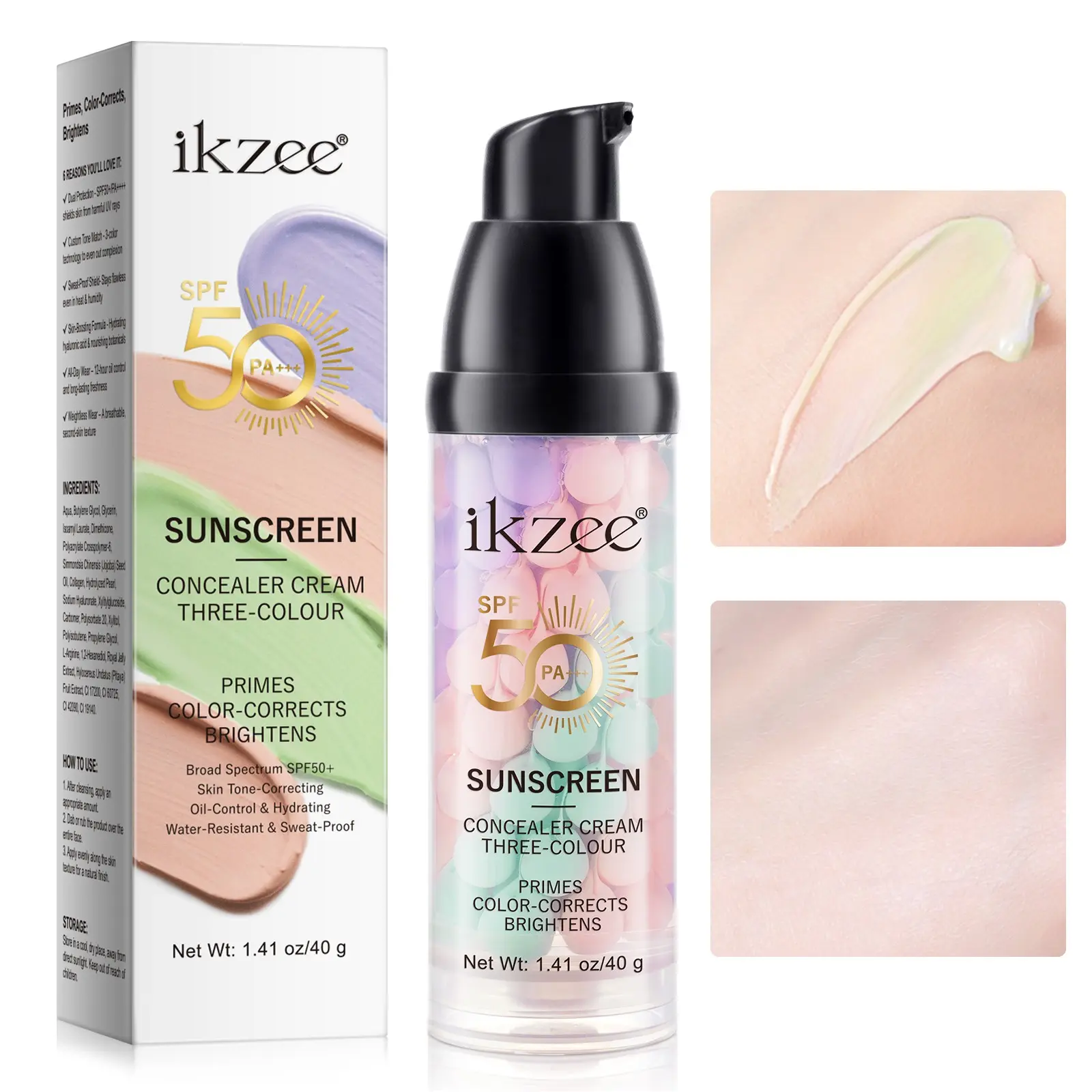 ikzee 3-in-1 Brightening and Color-Correcting Primer, a Lightweight, brightening, moisturizing, smooth, and oil-controlling cream that evens out skin tone and creates a light, natural-looking finish