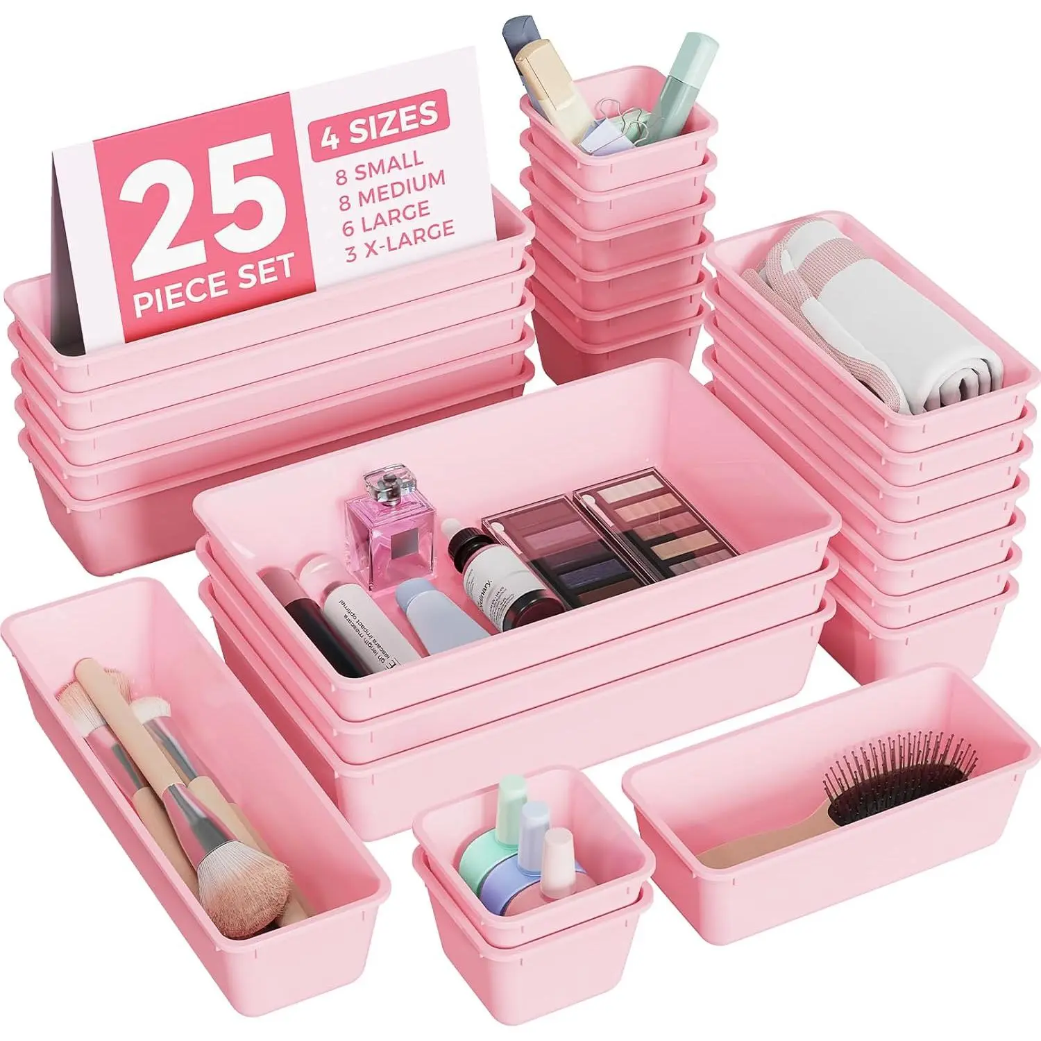 25 PCS Drawer Organizers Set, 4-Sizes and Makeup Organizer, Desk and Drawer Organizer Trays, Organizers and for Makeup, Jewelry, Gadgets, Utensils (Pink).