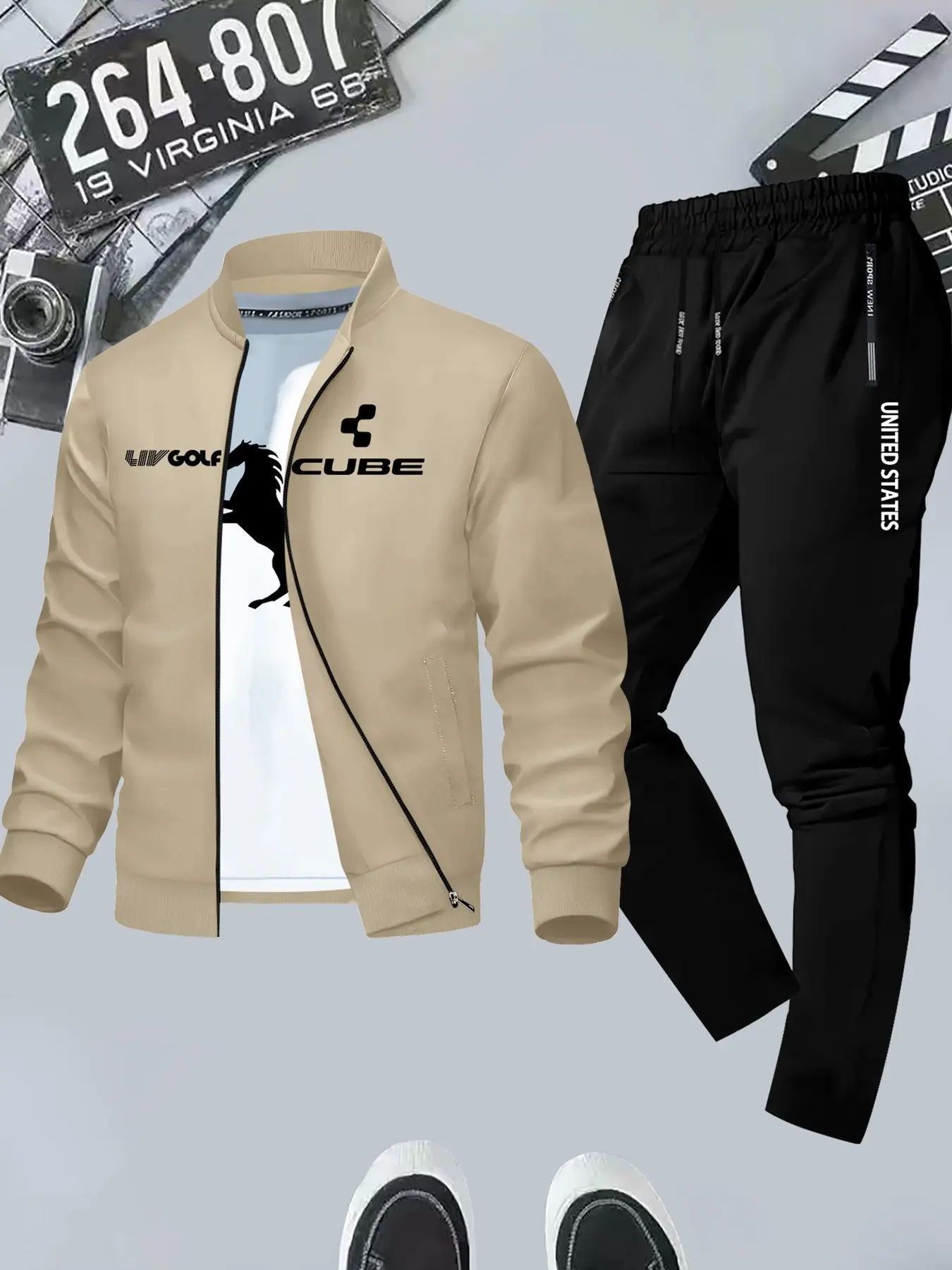 Flow Letter Baseball Collar Jacket and Pants Set, Casual Geometric Pattern, Fitted Outerwear for All Seasons, Unlined Sportswear Two-Piece Set, Casual Activewear Set, Athleisure Sportswear Set