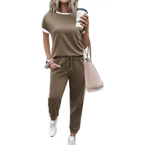 Women's 2 Piece Outfits 2026 Summer Short Sleeve Color Block Tracksuit Sets Jogger Lounge Set for Travel