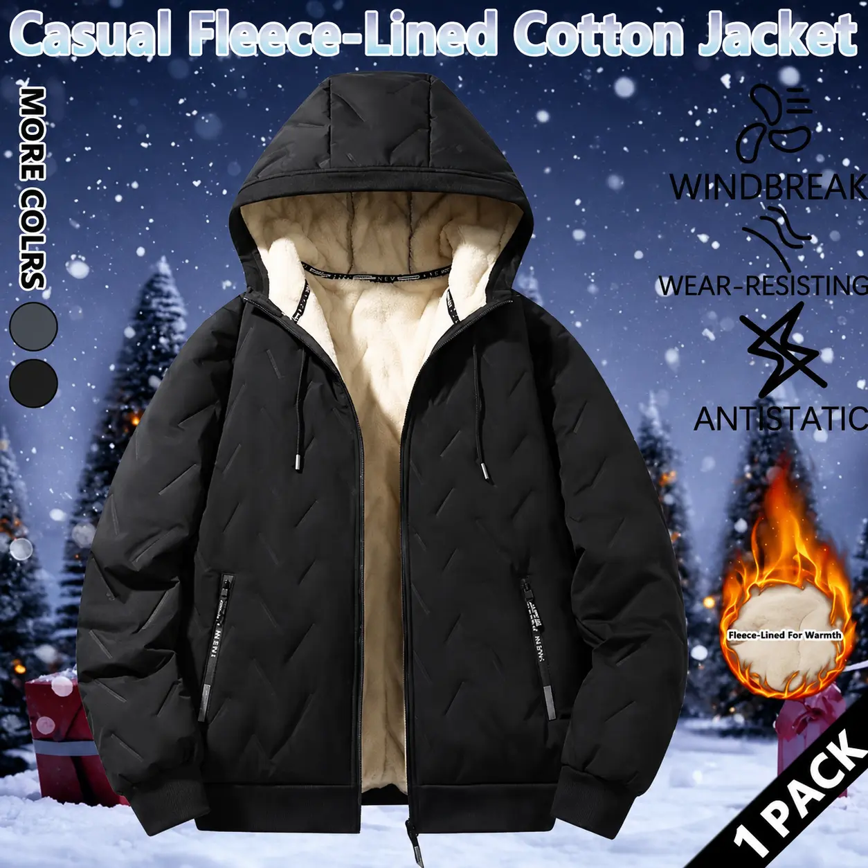 Men's Winter Jacket Fleece Lined Hooded Coat Wind Resistant Water Repellent Heavyweight Outerwear Warm Sherpa Jacket with Secure Zip Pockets Performance Padded Bomber Jacket Lightweight Geometric Textured Technical Apparel Black