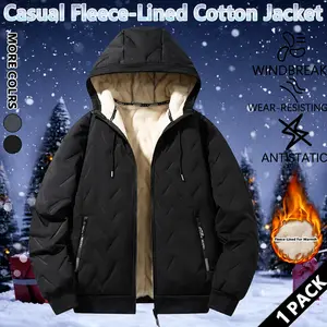 Men's Winter Jacket Fleece Lined Hooded Coat Wind Resistant Water Repellent Heavyweight Outerwear Warm Sherpa Jacket with Secure Zip Pockets Performance Padded Bomber Jacket Lightweight Geometric Textured Technical Apparel Black