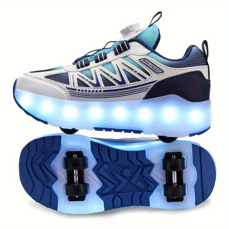 Kids' Pulley Shoes, Boys' Rechargeable Luminous Four-Wheel Detachable Sneakers with Wheels