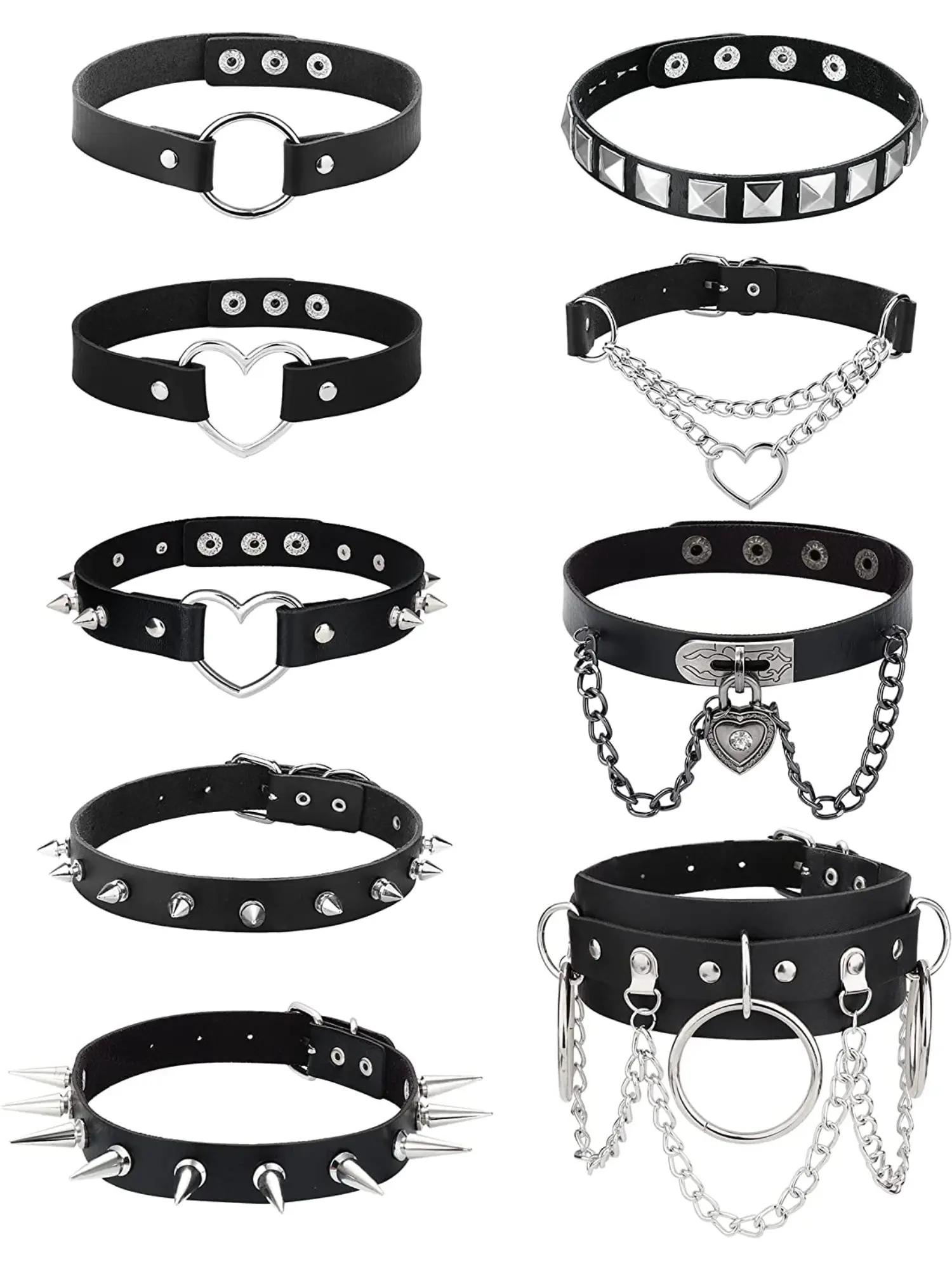 9Pcs Halloween Gothic Choker Necklace Set Adjustable PU Leather Punk Chain Black Chokers for Women Girls Trendy Gothic Jewelry Heart Choker