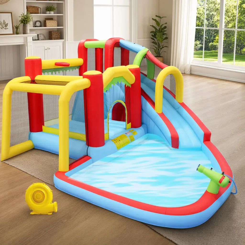 7-in-1 Inflatable Water Park Bounce House with Slide, Splash Pool, Water Gun, Climbing Wall, Basketball Hoop, Soccer Goal - Outdoor Kids Activity Set