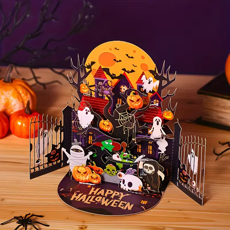 Handmade Halloween 3D Card with Witch House, Pumpkin Lantern, Ghost Design, Party Invitation, Perfect for Decorations and Gifts