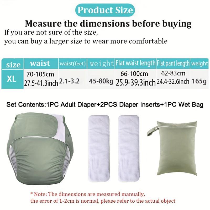 4pcs XL Adjustable Adult Incontinence Diapers Without Buttons Set(1pc Diaper+2pcs Inserts+1pc Bag), Seasons, High Performance, Washable Reusable Breathable Adult Incontinence Diapers, Good Gift for Postpartum Moms, Elderly, Long-Distance Dr
