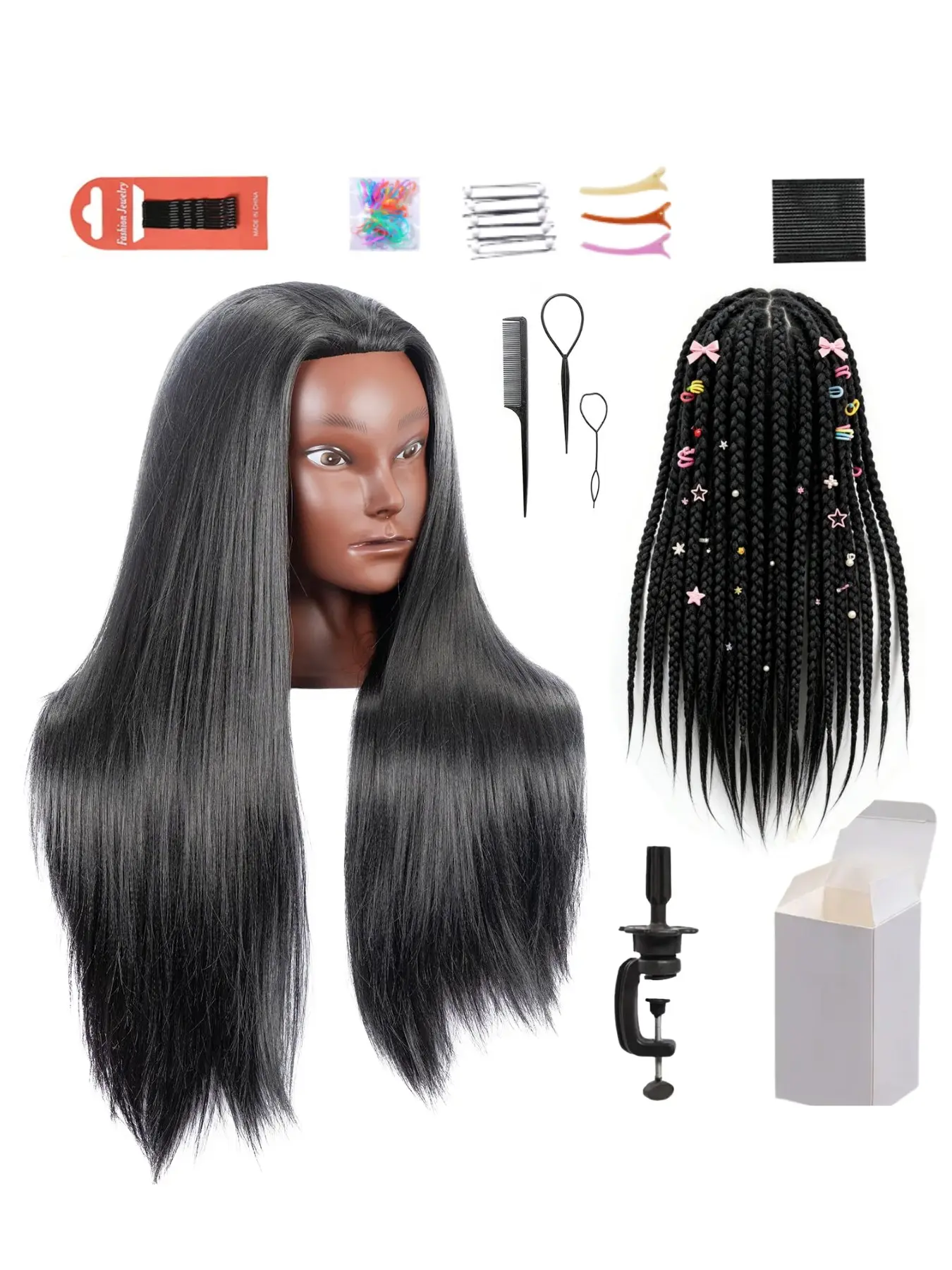 Synthetic Long Straight Wig Head Mannequin 26 Inch Jet Black Hair Practice Doll for Women Hair Styling Training, Braiding Practice, Beauty School Learning, Wig Design, Hairstylist Tools with Smooth Soft Fiber Hair