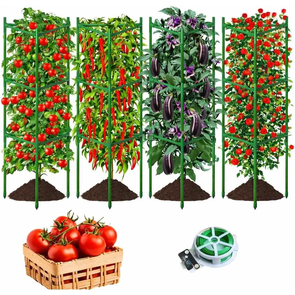 4 Pack Extra Wide Tomato Cages for Garden Up to .2'',Tall Metal  Supports for Raised Garden Bed, Foldable & Sturdy Steel Stake Cages for Tomato, Eggplant,Pepper, Pea﻿ (4 Pack)