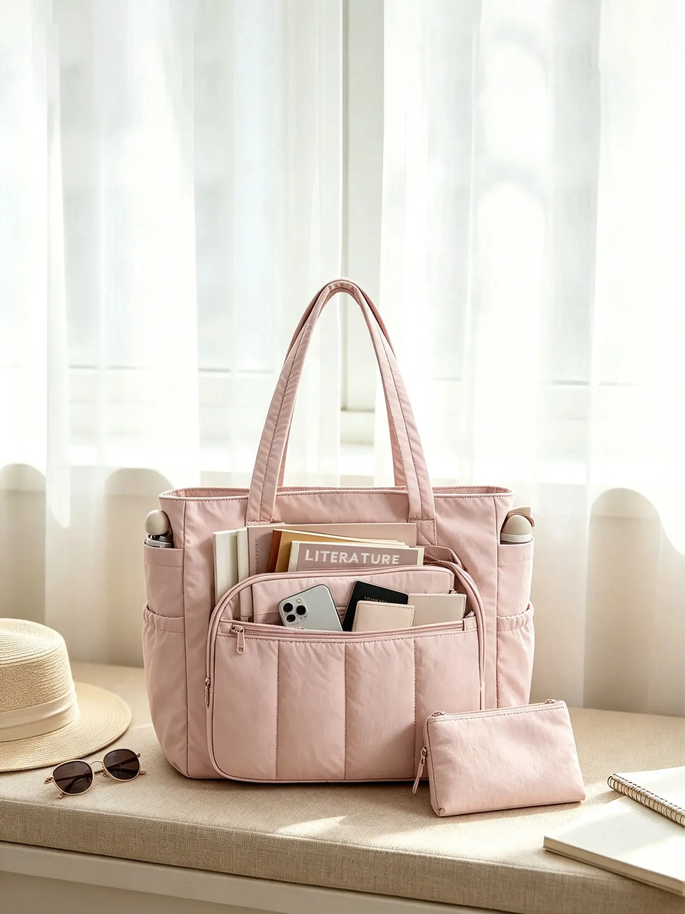 1pc Chic Multi‑Compartment Soft Work Tote Bag With Accessory Pouch, Large‑capacity Daily Carry‑all Handbag for Leisure Date, Coffee Hangout, Business Trip, Casual Visit, For Stylish Ladies, Urban Women, Functional‑look Lovers, Multi Pocket Tote