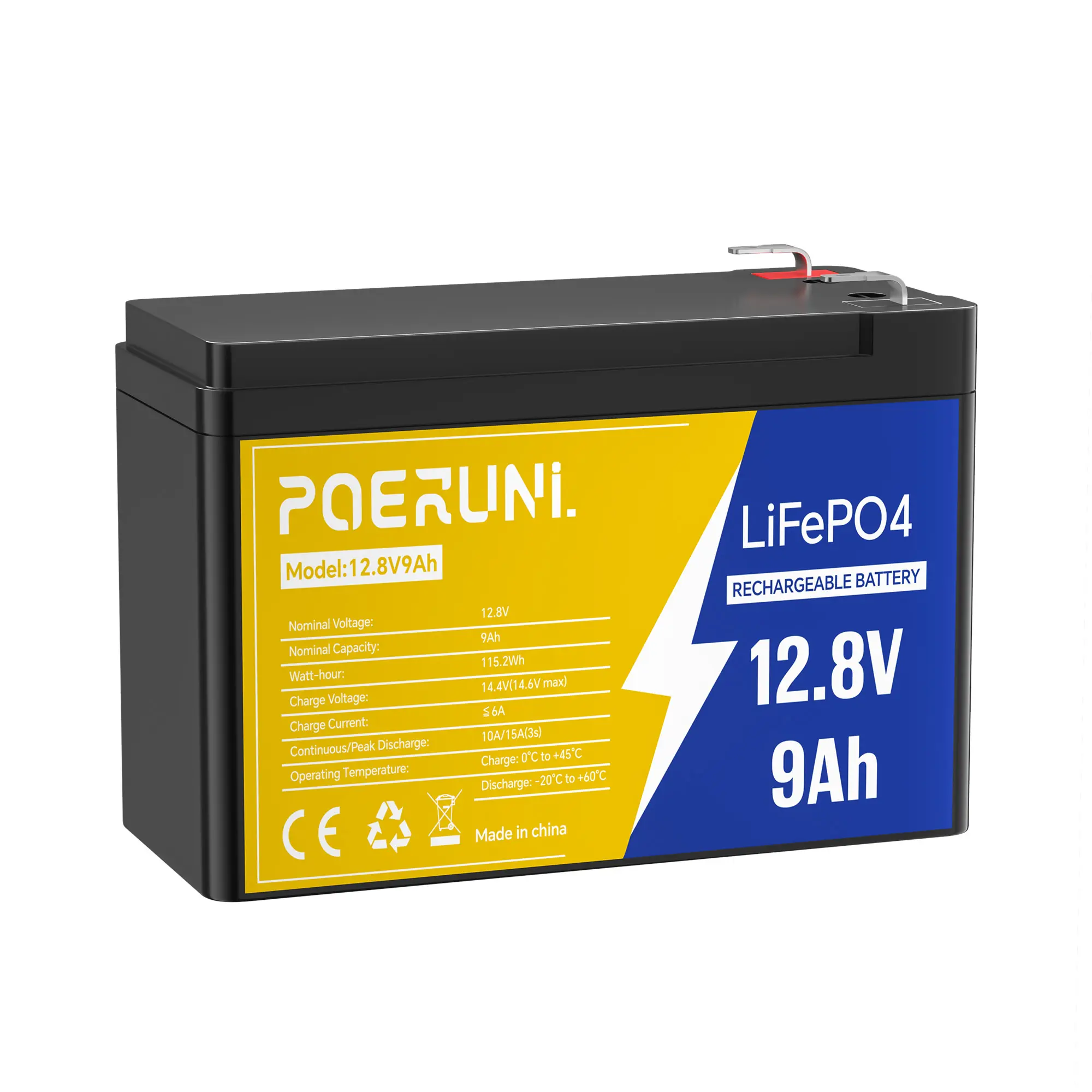 POERUNI 12V 9Ah LiFePO4 Deep Cycle Lithium Battery Reliable BMS Protection For Car Boat