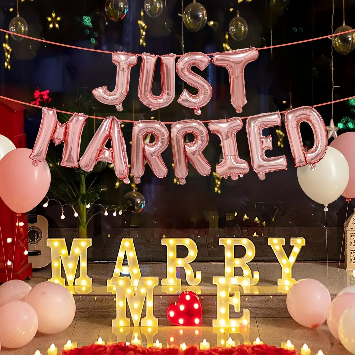 11-Piece, 16-Inch JUST MARRIED Letter Aluminum Foil Balloon Set for Weddings, Bridal Suites, and Wedding Parties