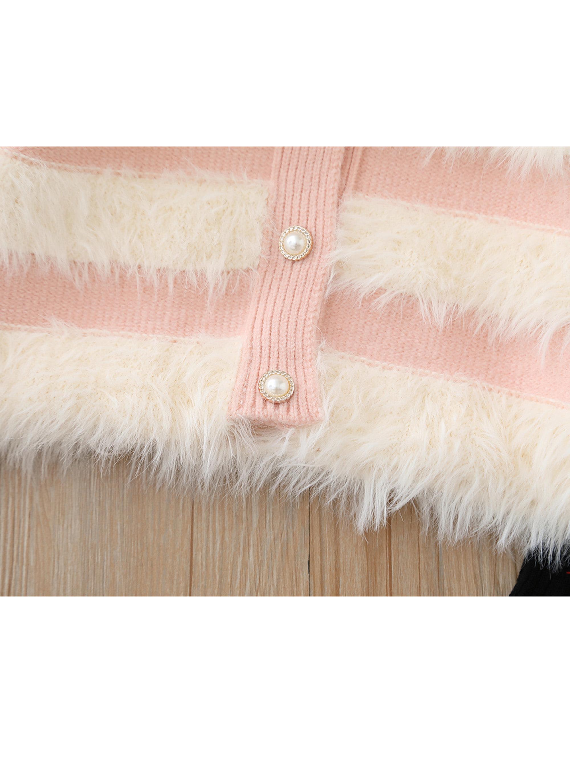 Girls' ted Knit Sweater with Plush Stripes & Pearl Buttons - Soft Pastel Purple & Contrast, Cozy Lapel Collar, Loose Fit Winter Warmth, Cute Casual Daily Wear for Fall/Winter, Easy Button-Front Closure (No Zippers) - Ideal for School & Playdates - D