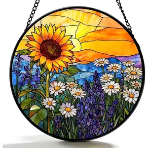 Stained Glass Window Hanging - Sunflowers, Daisies, Lavender and Sunset 6.3 Inches Suncatcher for Garden Home Decor for Women Mon Grandma Friends