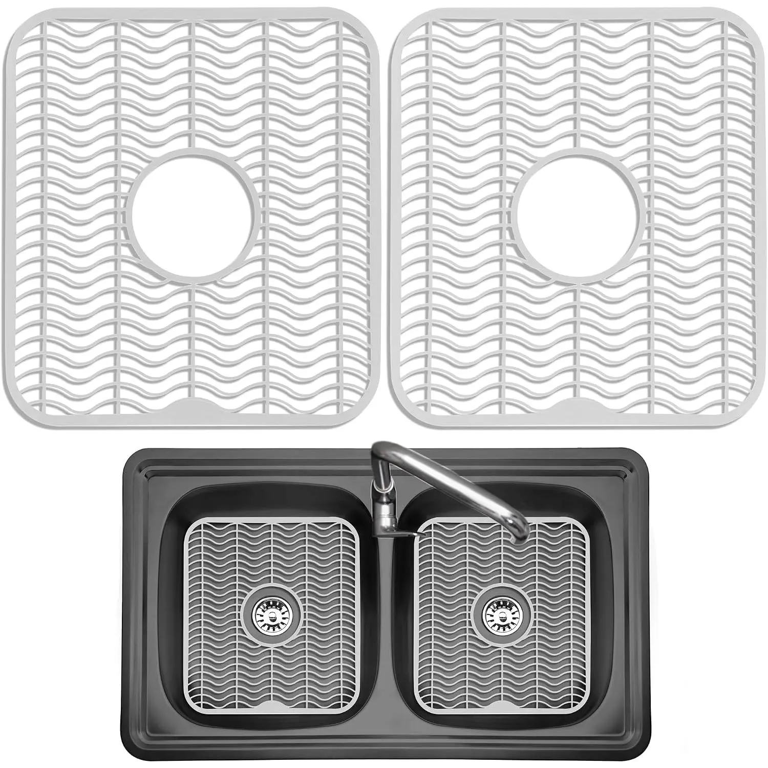 2 Sink Protectors for Kitchen Sink, Plastic 12" x 11" Dish Rack, Protect Sink from Stains, , , Dishwasher Safe Grid Mat for Kitchen (2 Pack, White)