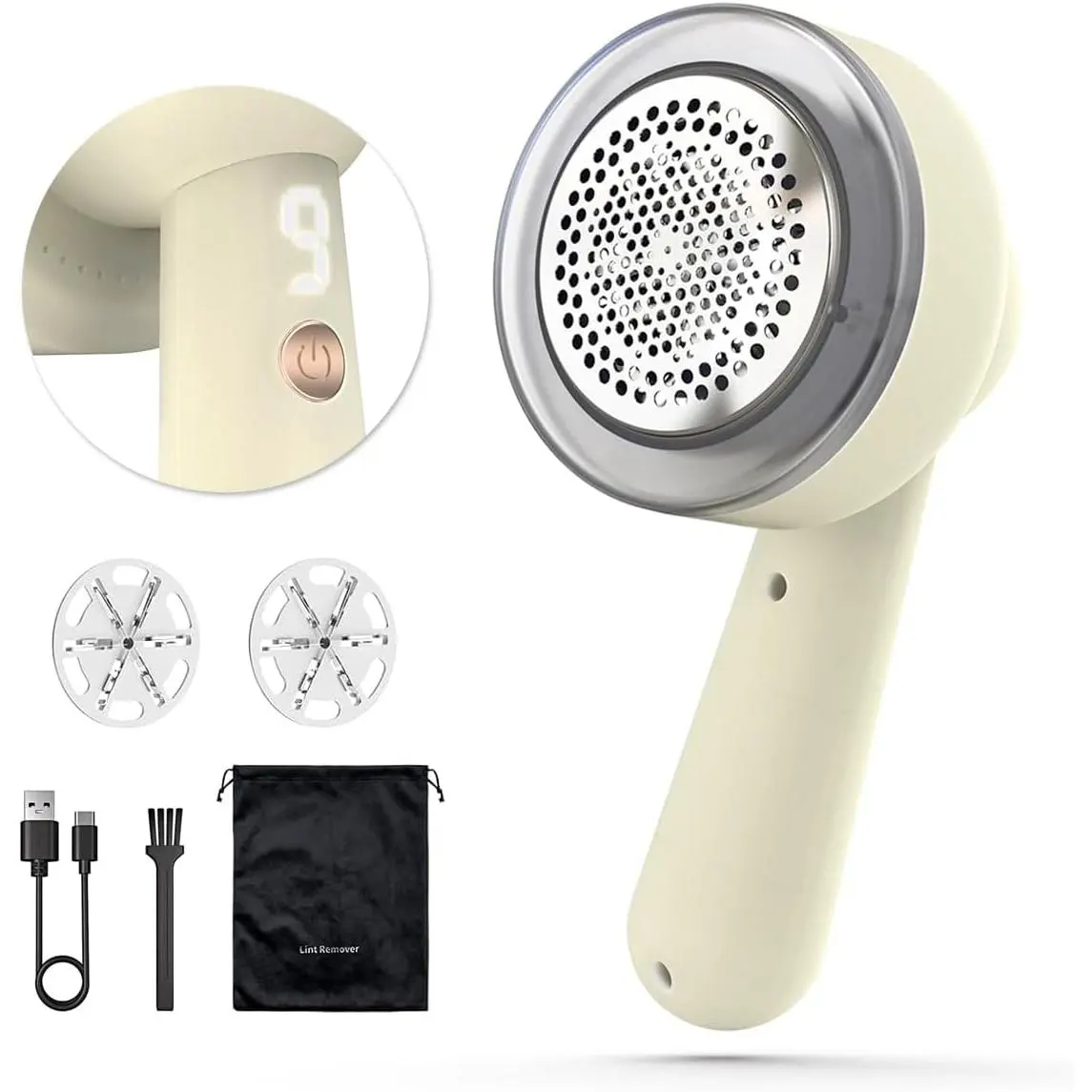 Fabric  Lint Remover Rechargeable, Clothes   Remover with 6-Leaf  LED Digital Display 3-Gears Adjustable for Clothing Couch Furniture, Cream White